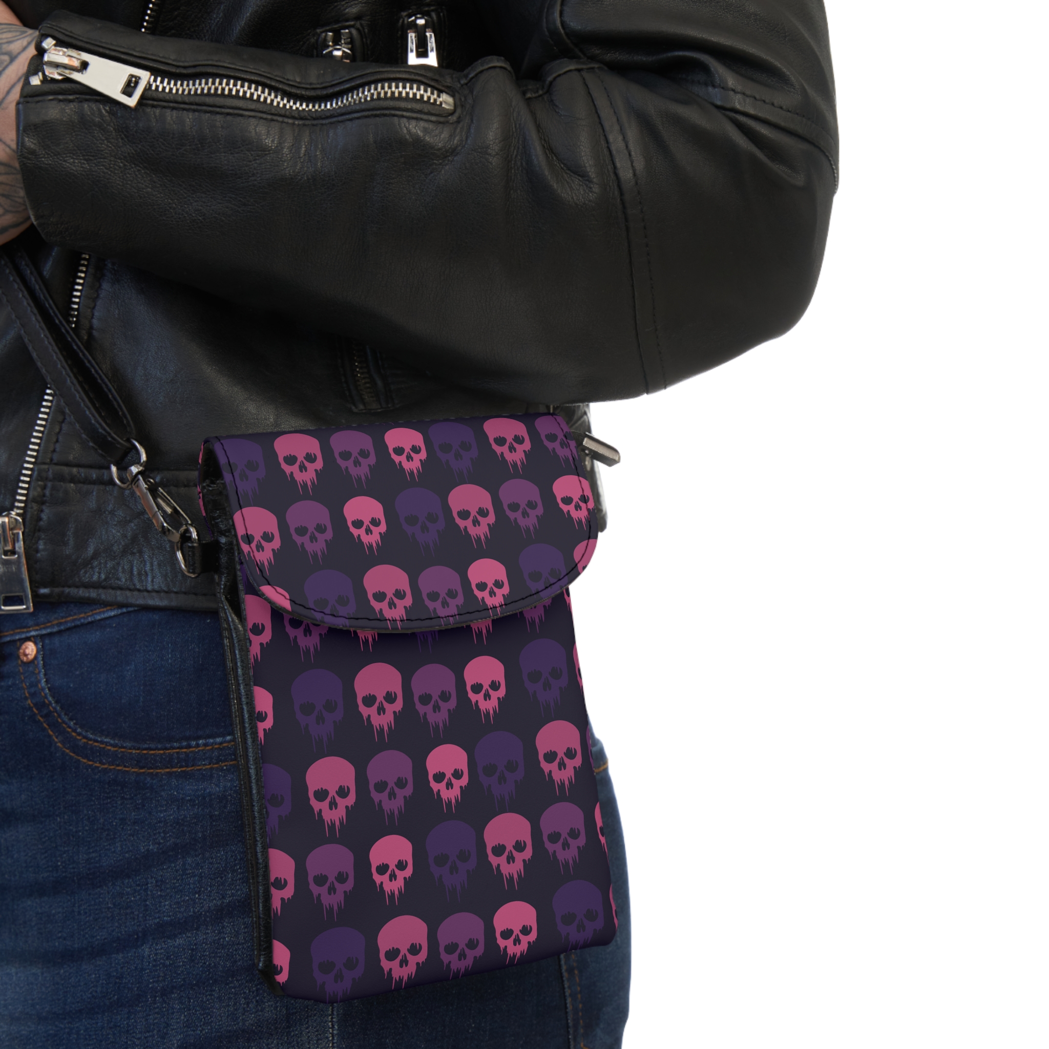 Dark and delightful, this Cute Goth Cell Phone Wallet with a vibrant skull pattern blends spooky flair with practical, everyday use.
