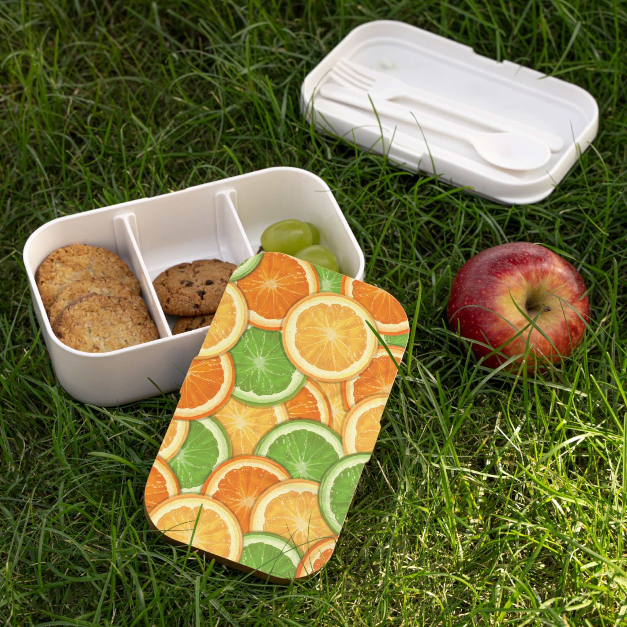 A cute bento lunch box with a citrus theme.